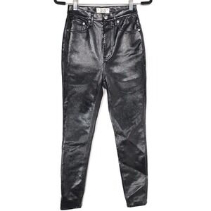WE THE FREE Free People Phoenix Coated Skinny Jeans Liquid Black Stretch Size 26